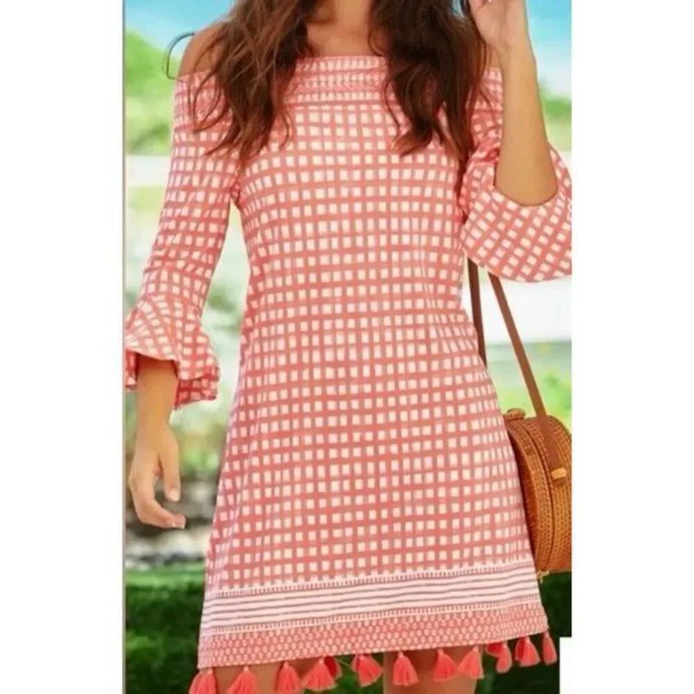 Cabana Life Women’s Coral Nantucket Off Shoulder Tassel Dress Sz XL